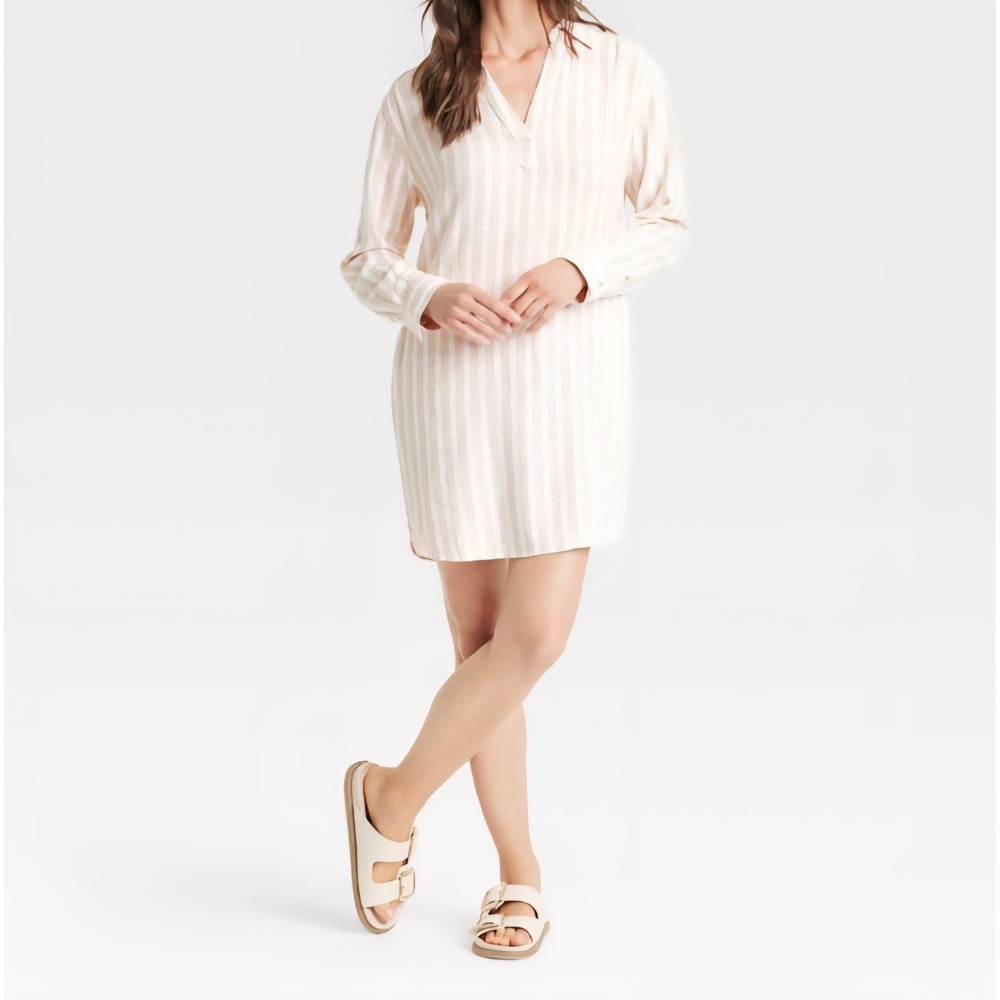 Universal‎ Thread Shirt Dress Size Small Tan Striped Beach Cover Up Resort Pool